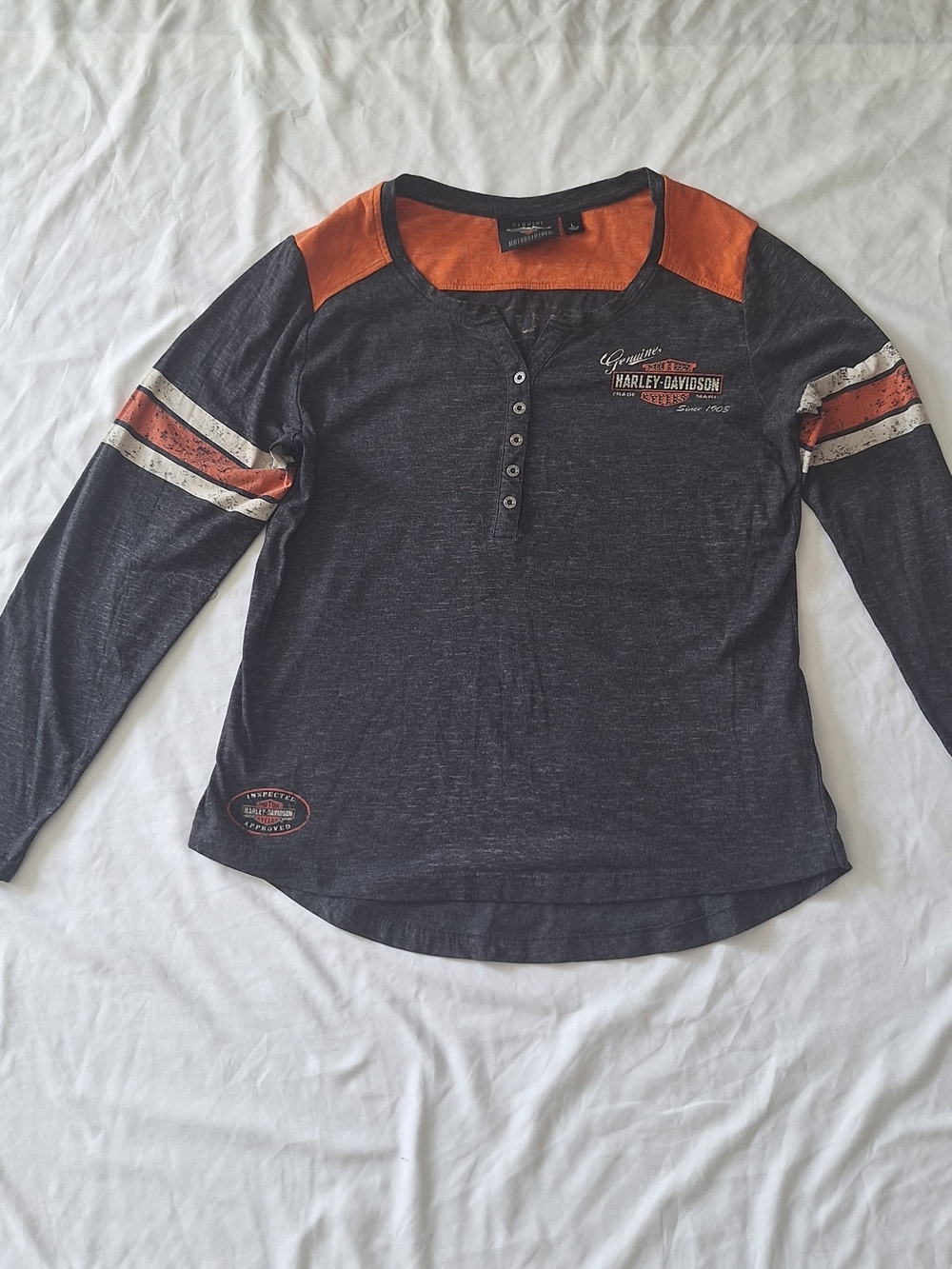 Genunine Harley Davidson Long Sleeve Women's Grey and Orange Shirt Size L